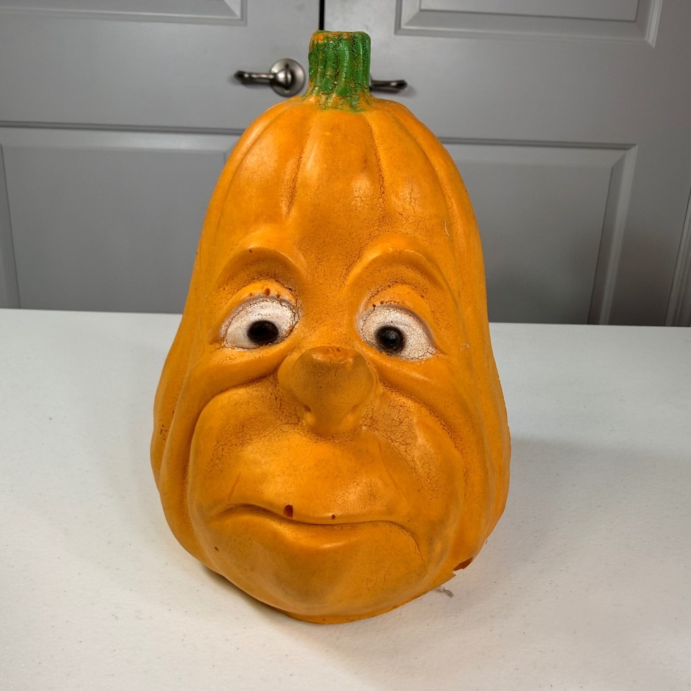 Vintage Foam Pumpkin Head Sad Face Grumpy Jack O Lantern Halloween Decor 8"